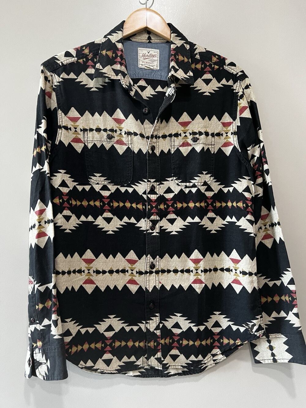 Heritage Classic American eagle Southwestern Aztec Black Flannel Mens Shirt -M